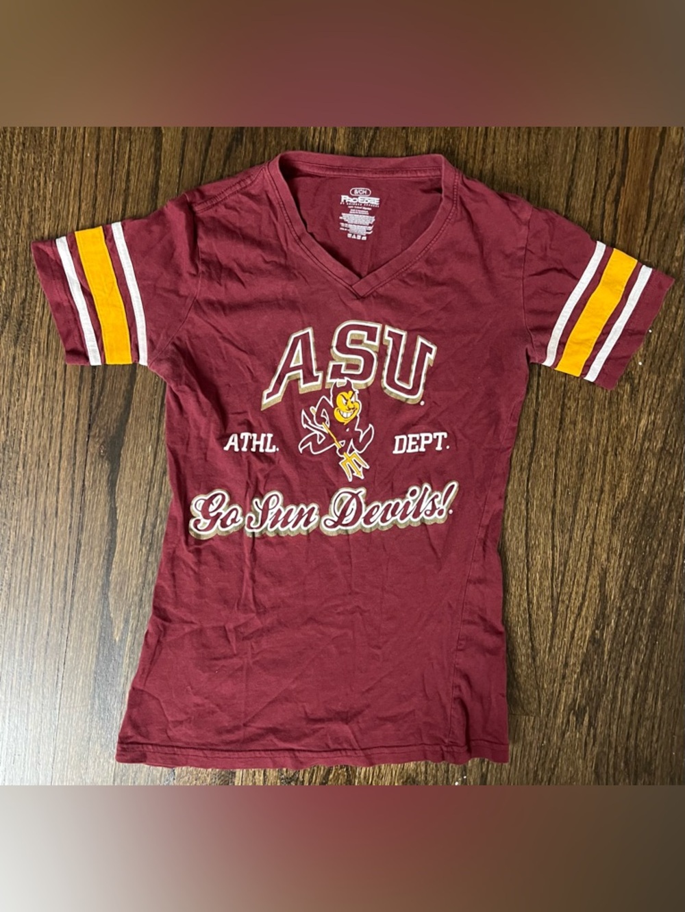 Pro Edge Maroon ASU Graphic V-Neck Tee with Gold & White Accents